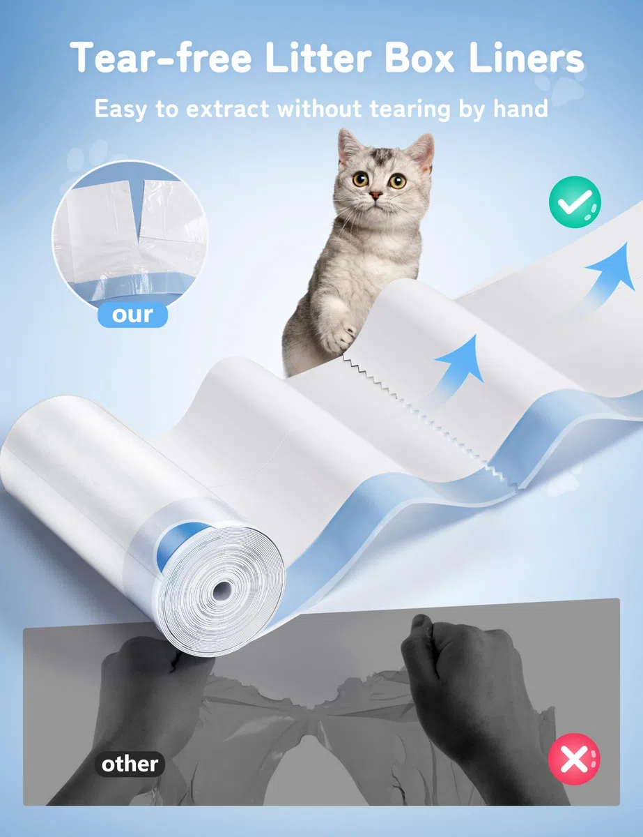 Thereye Sacchetti per Lettiera Gatto, 60 Pezzi Sacchetti per Lettiera per Gatti Autopulenti con Laccetti, 66 x 30 cm, Sacchetto di Ricarica per ER-SC06