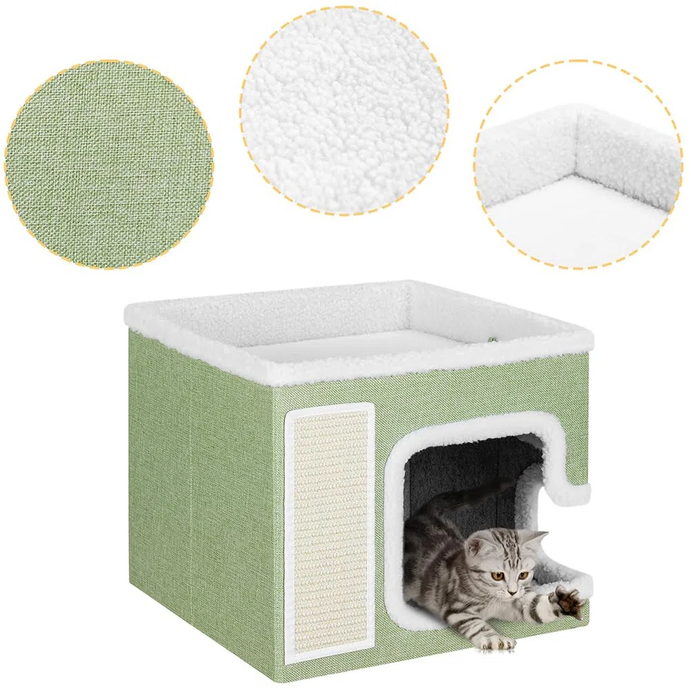 BAKAJI Cuccia per Gatti pieghevole con Grande Ingresso, Casetta Rifugio per Animali Domestici, Tiragraffi in Poliestere Caldo e Imbottito, Cuccetta Graffiatoio Base Antiscivolo 42x42x33 cm (Verde)