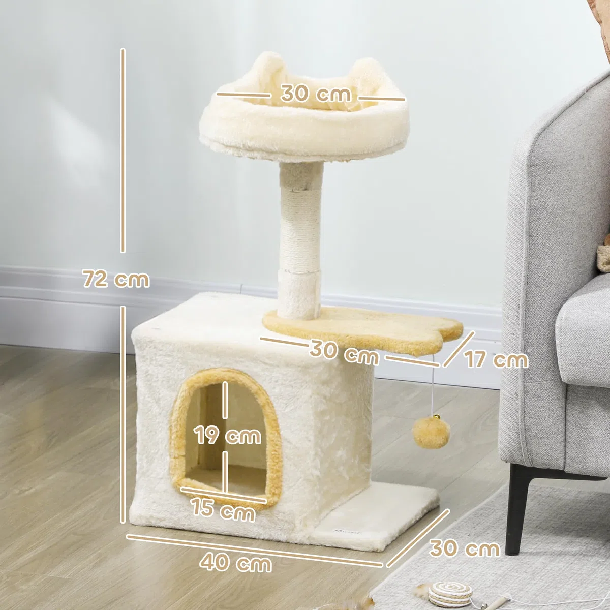 PawHut Albero Tiragraffi per Gatti con Posatoio e Casetta, Torre per Gatti in Truciolato, Peluche, cotone PP e Sisal, 40x30x72 cm, Beige e Giallo