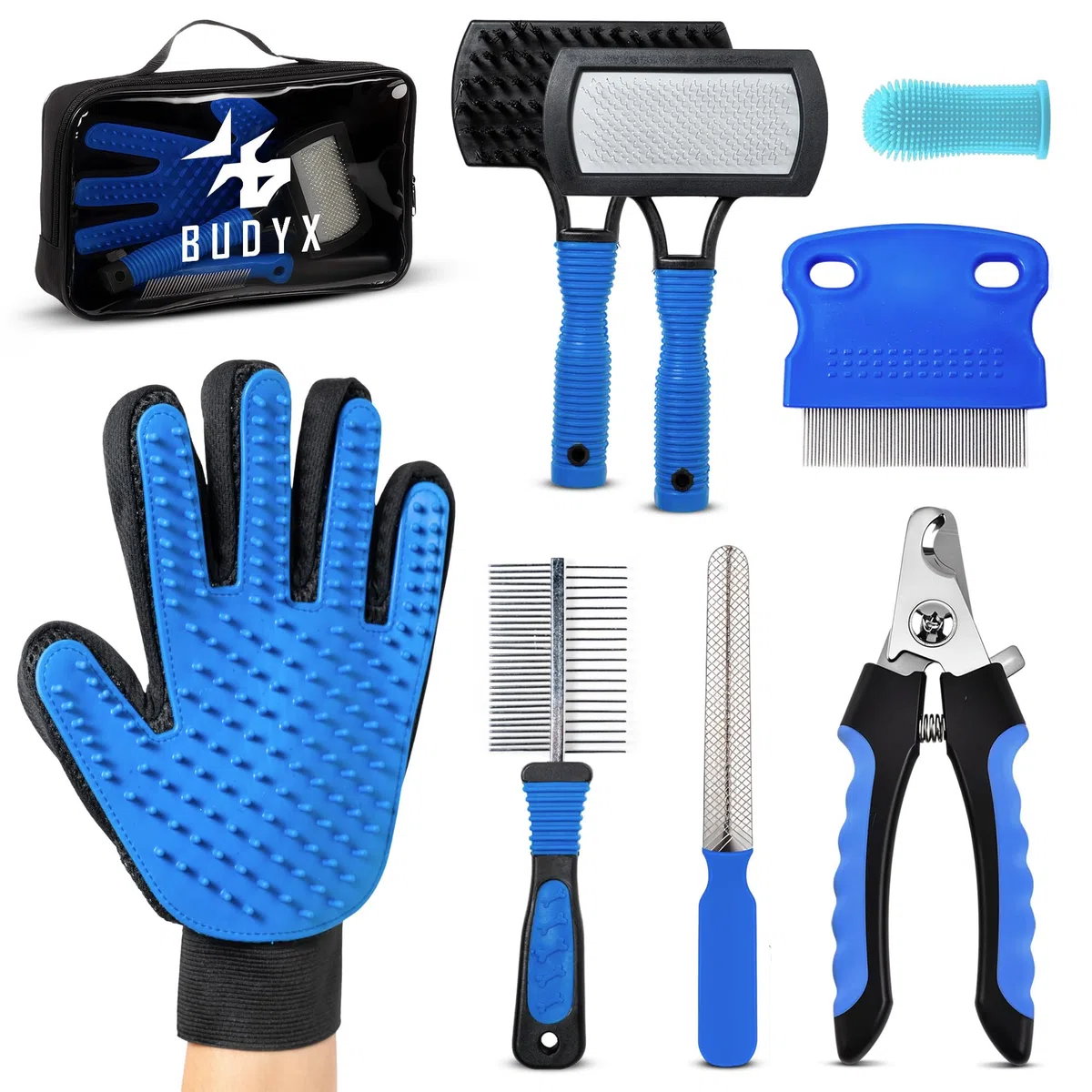 Kit per la toelettatura degli animali domestici BUDYX: pettini, spazzole, guanto per la toelettatura, tagliaunghie, lima per unghie, spazzolino da denti. Set per la toelettatura e l'igiene di cani