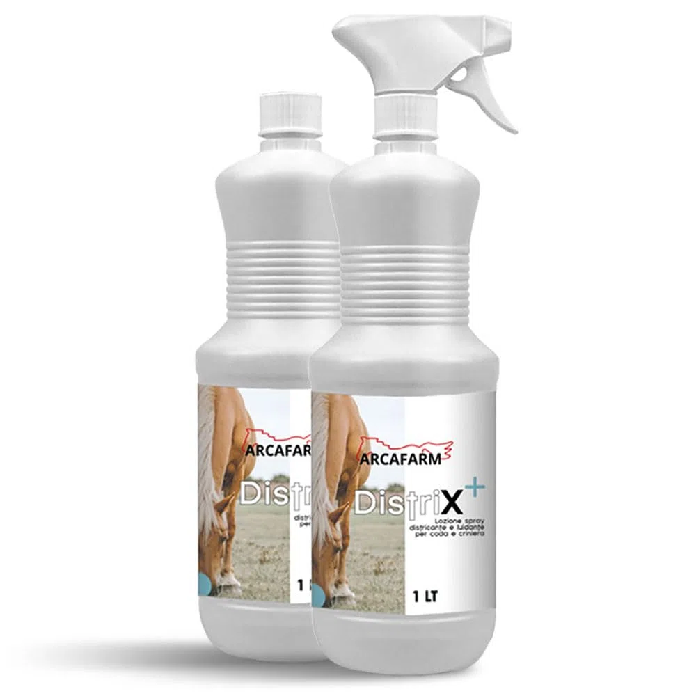 2 Pezzi Spray Districante Naturale per Cavalli 1 lt Distrix, Lucidante Coda Criniera Manto, Detergente Pulizia Pelo rimuovi sporco, lozione a secco nodi, rende manto morbido setoso, 100% Made in Italy