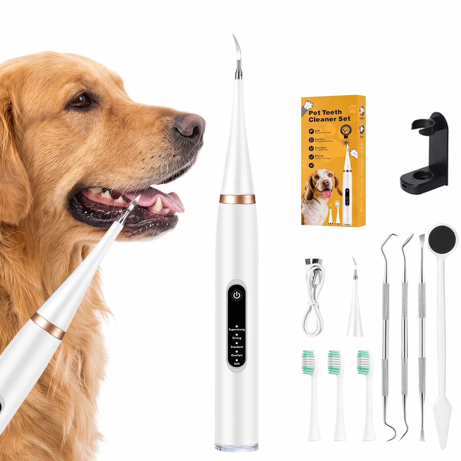 Pulitore Dentale a Ultrasuoni per Cani e Gatti Bianco – 5 Modalità con LED, Rilevamento Gengive, IPX7, Ricaricabile USB-C, Kit Completo