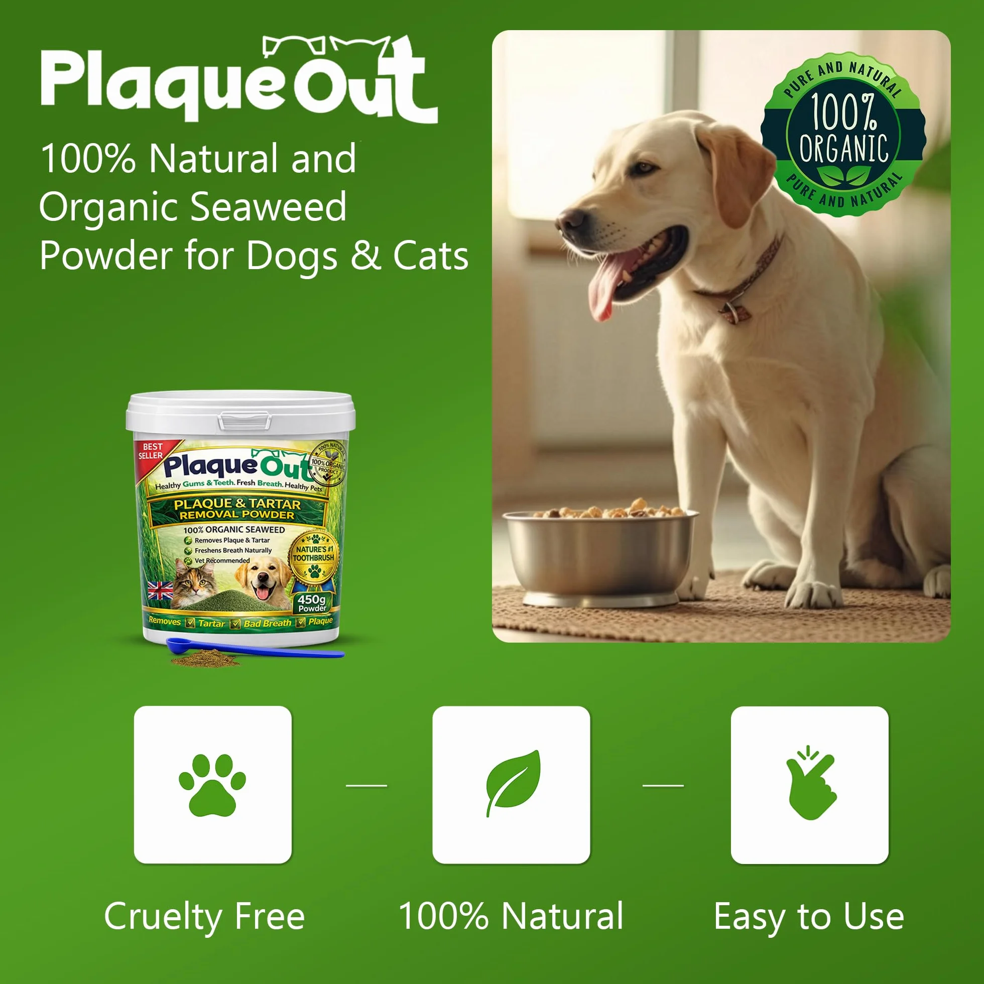 PLAQUE OUT 450G Tartaro e Placca Off Remover, Alito Cattivo Denti Gum Care per Cani, Gatti 100% Biologico
