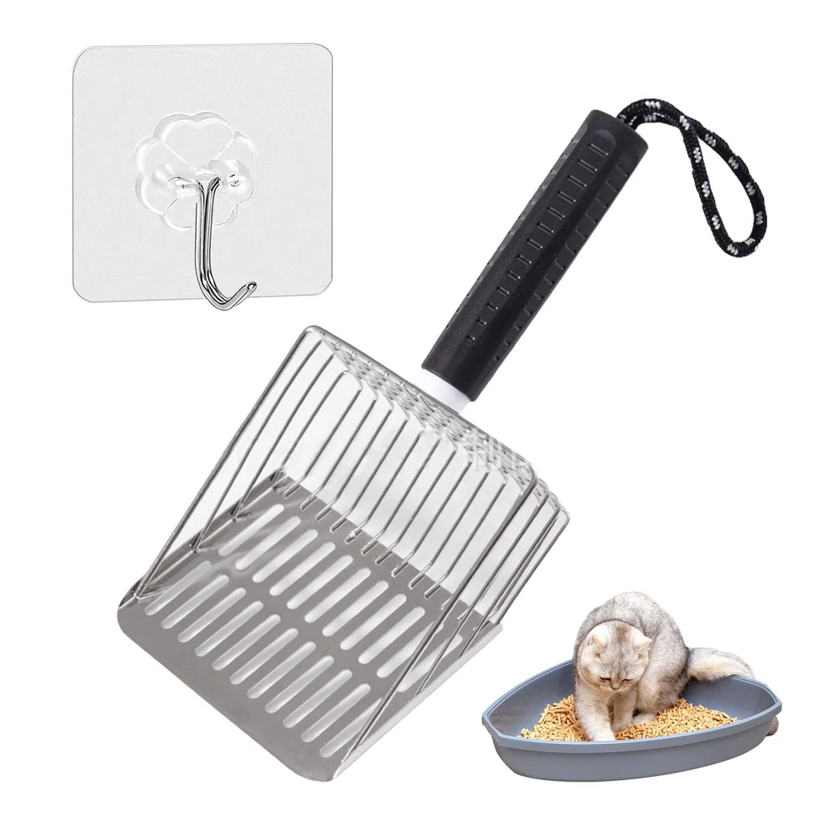 LunarCharm Paletta per lettiera con Gancio in Acciaio Inossidabile, Solida e Resistente Paletta in Metallo, setaccio in Acciaio Inossidabile, Durevole, per Toilette per Gatti