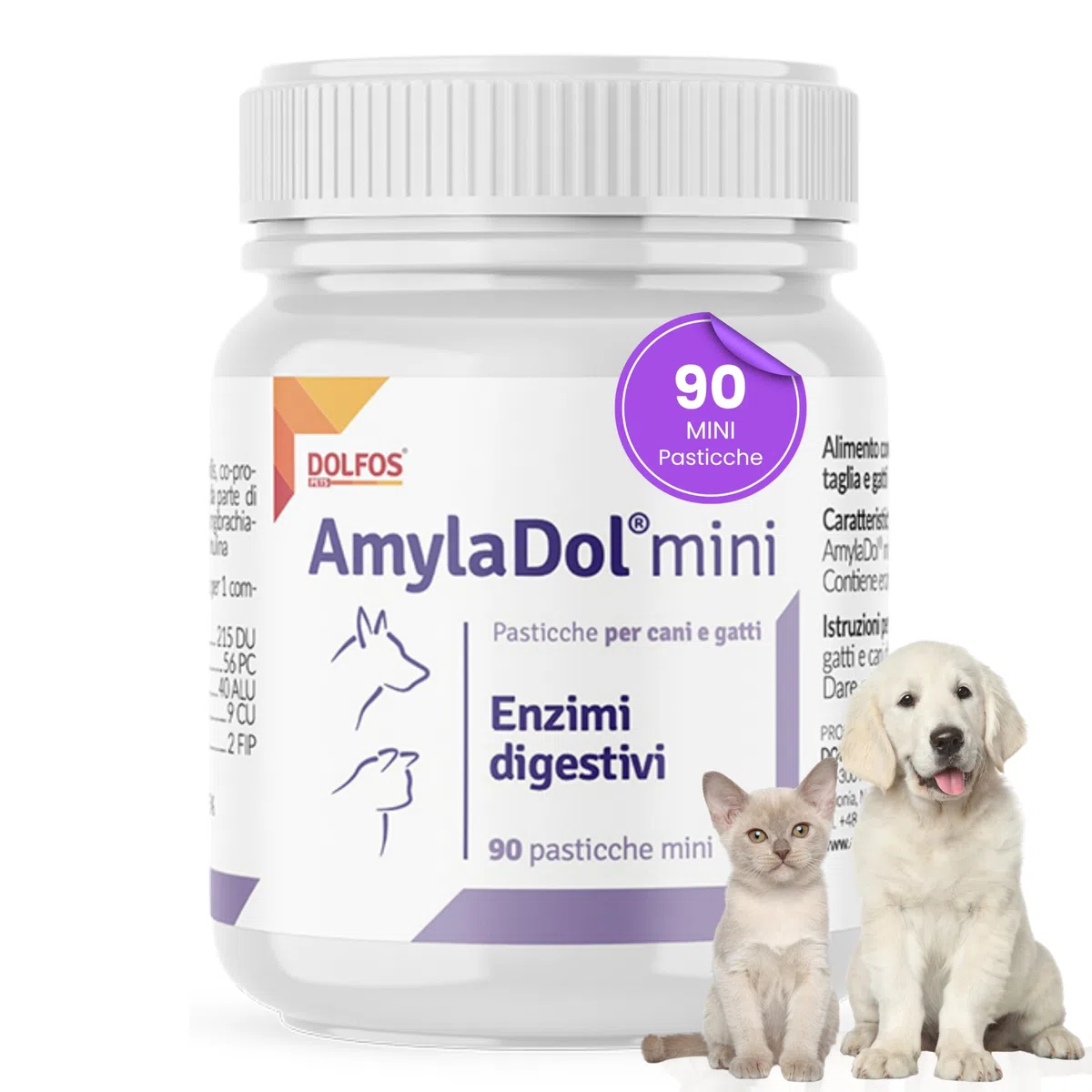 Dolfos AmylaDol MINI 90 Compresse, Integratori per Cani e Gatti con Enzimi Pancreatici, Supporto Professionale per Insufficienza Pancreatica e Disturbi Digestivi