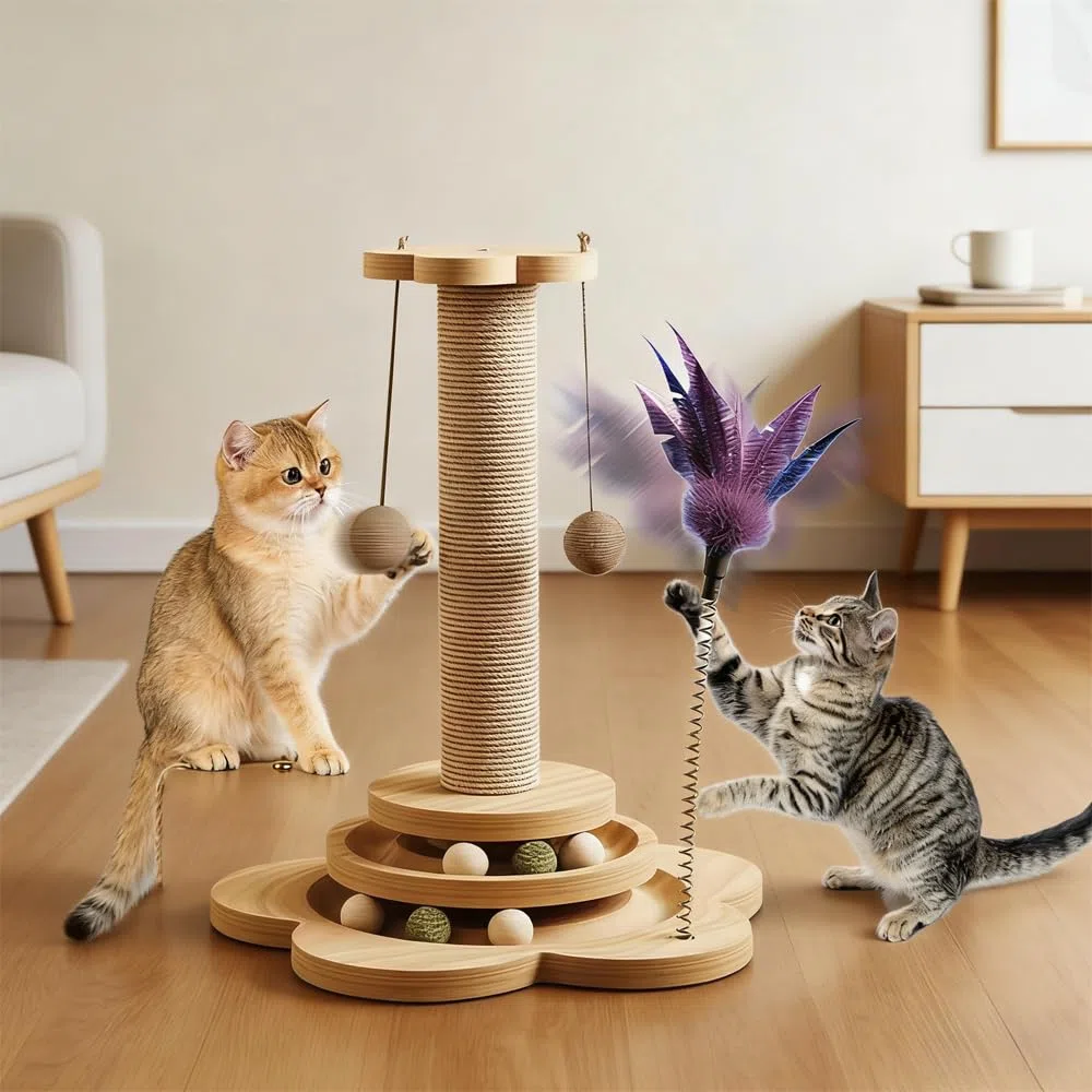 Giocattolo Interattivo per Gatti in Legno,50CM Tiragraffi 4 in 1 Giocattolo per Gatti,Giochi per Gatti con Palla Appesa e Piuma Elastica,Cat Toy per Gatti Piccoli/Medi,Gioco cura Degli Artigli