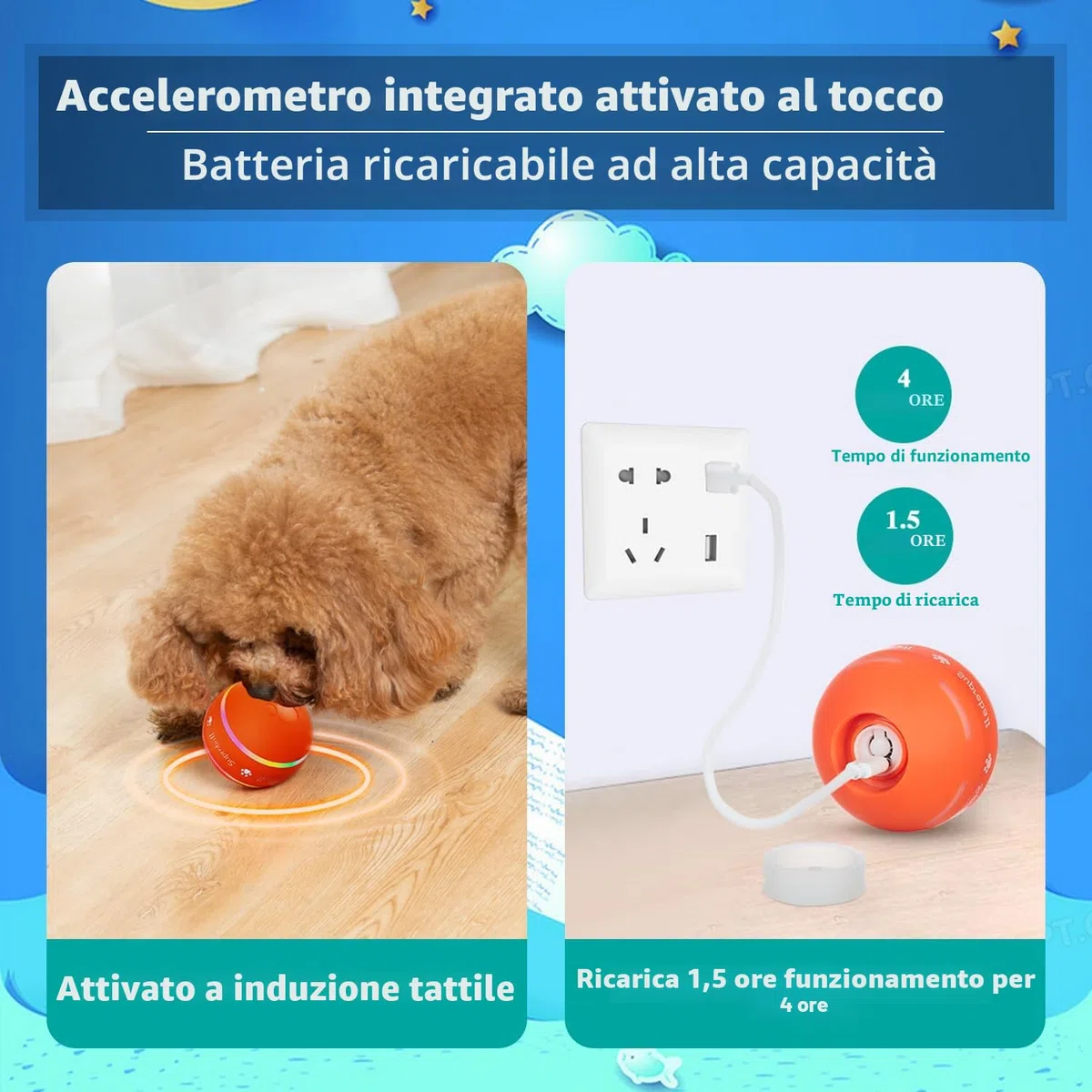 Petiepaw Palla per cani interattiva, durevole palla rotante automatica per cuccioli/cani di taglia piccola/media, ricaricabile tramite USB (arancione)