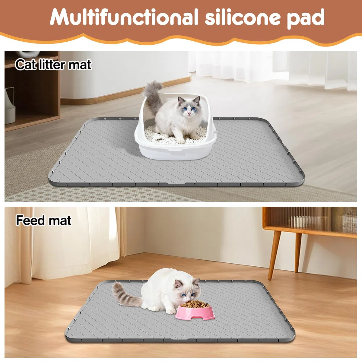Tappetino Lettiera Gatto, Tappetino per Lettiera Gatto Grande 88x56 Cm, Materiale in Silicone Impermeabile, Grigio