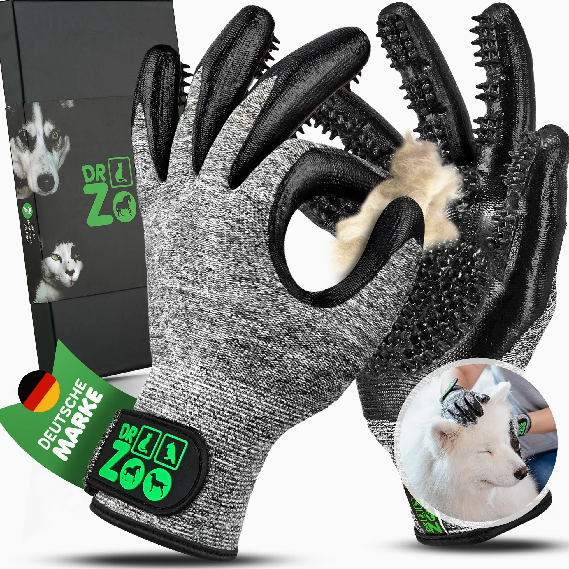 Dr. Zoo Guanti professionali per toelettatura; per qualsiasi animale domestico con pelo corto, medio e lungo; possono essere utilizzati come spazzola per cane/gatto/cavallo o pettine al curry; guanto