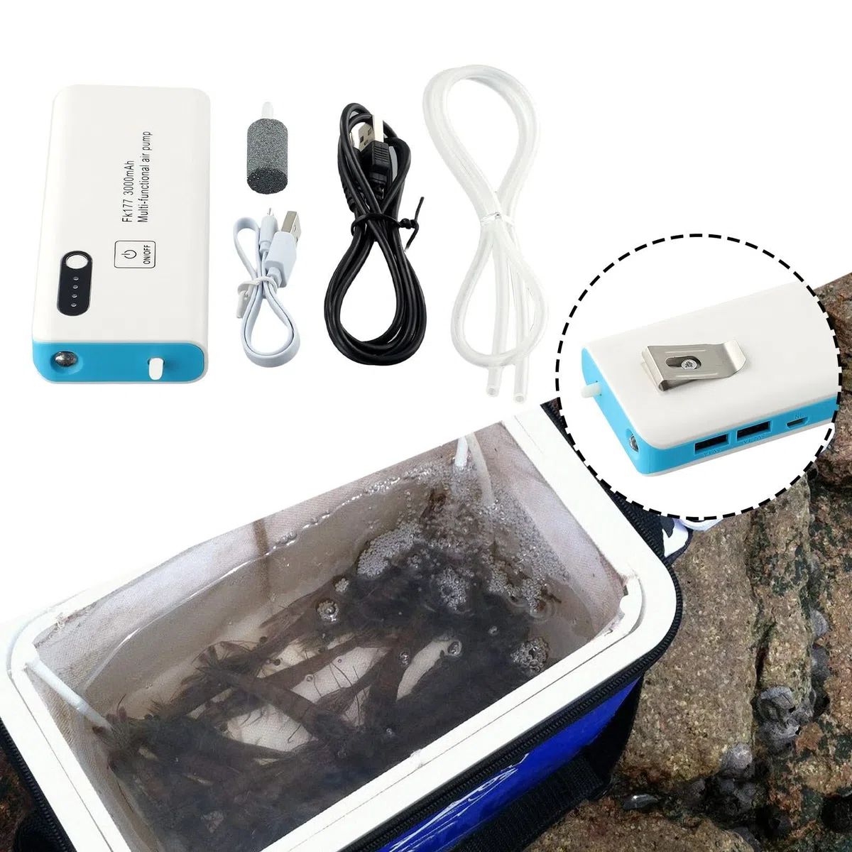 Aeratore portatile da pesca, pompa di ossigeno di ricarica USB, compatto e