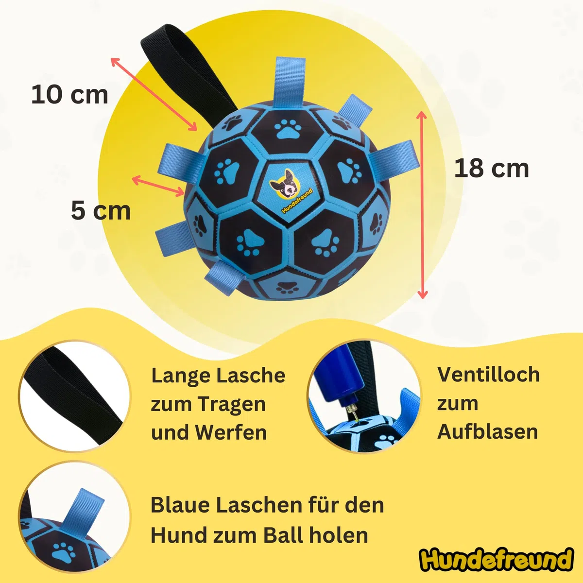 Hundefreund Pallone da Calcio per Cani di Taglia Grande Blu Luminoso con Manici, Giocattolo Pallone da Calcio per Cani per Cani di Taglia Grande con Pompa, Palla Interattiva per Cani (18 cm) per