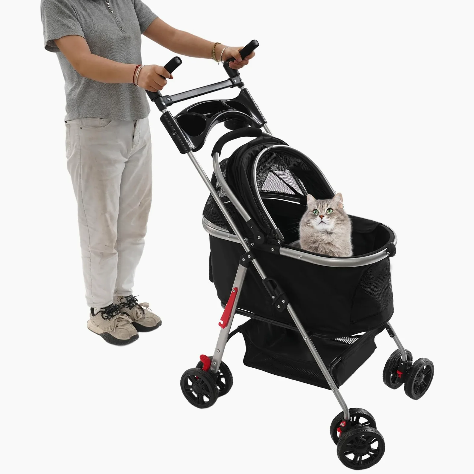 Passeggino pieghevole per cani, carrello per cani con ruote universali, per gatti e cani di piccola taglia, 50 x 60 cm (nero)