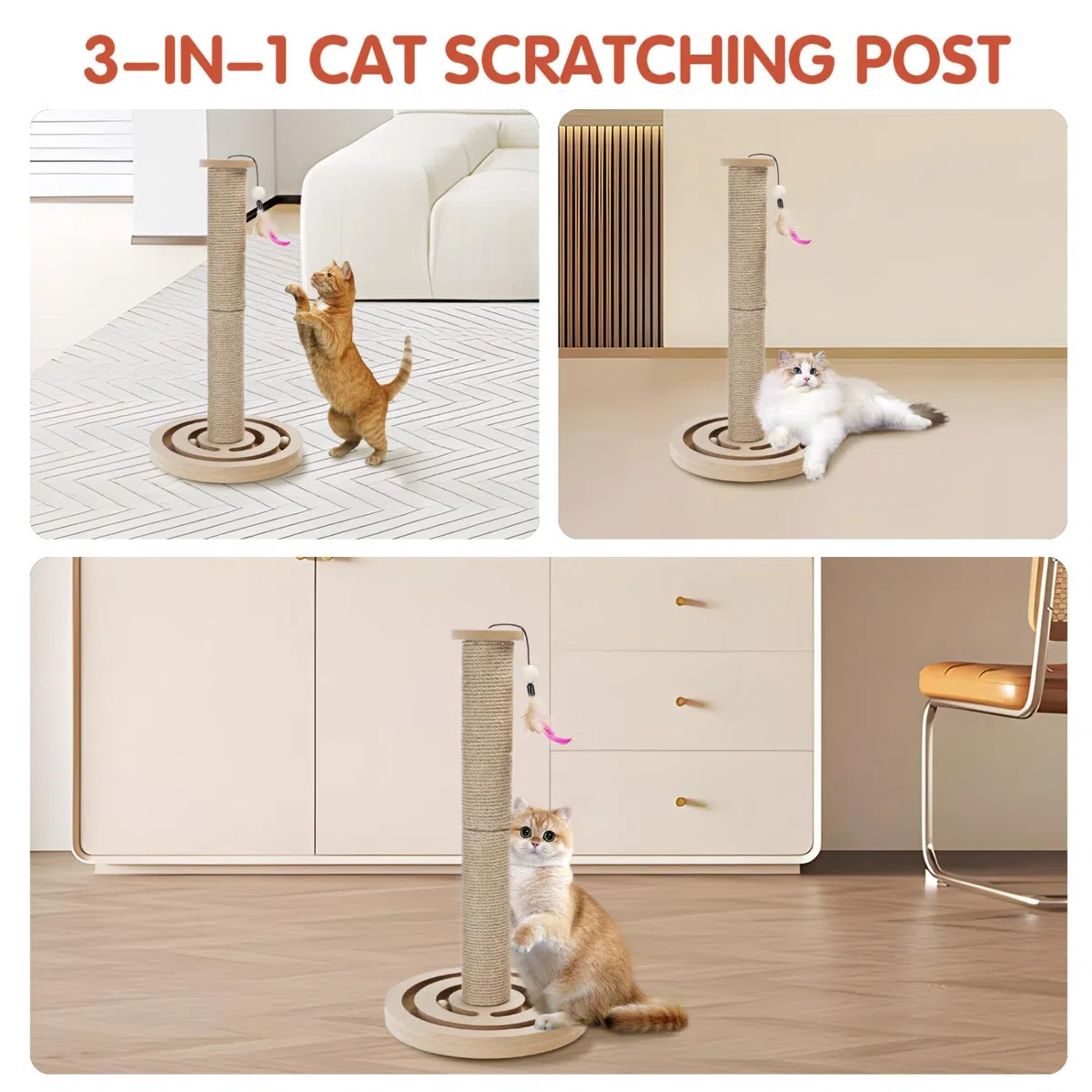 Nobleza Tiragraffi per Gatti in Legno con Palline, Graffiatoio in Sisal Naturale con Piuma, Giocattolo Interattivo 3 in 1, 55x30 cm