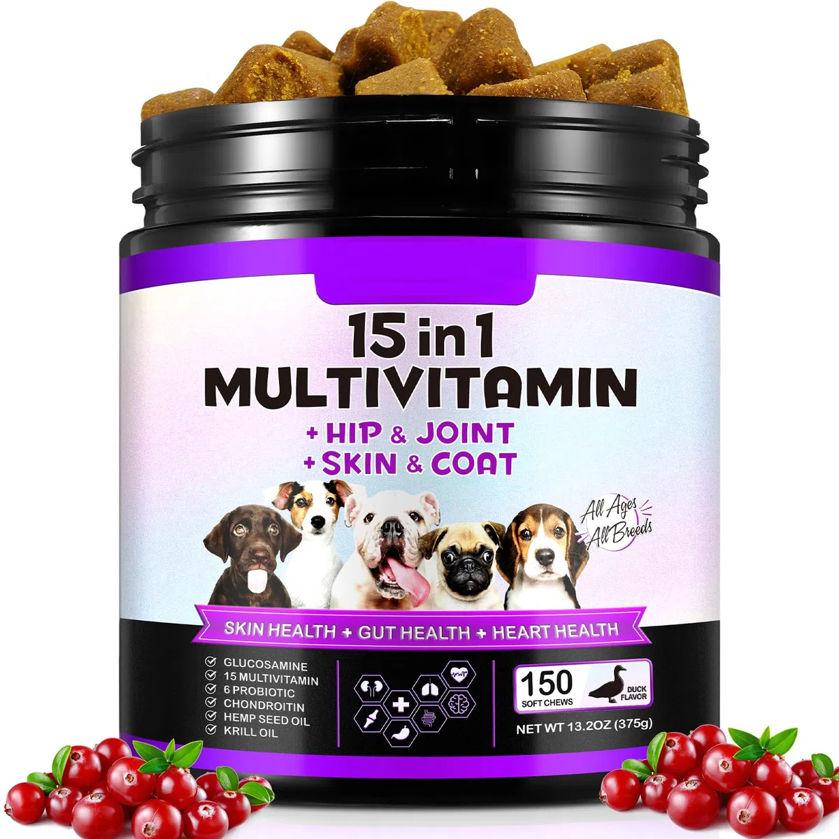 Caniglie Multivitamine Del Cane, 150 Masticazioni Vitamine per Cani, Integratori d'anca e Articolari, Sistema Immunitario, Pelle e Cappotto, Tutte le Età e Razze, Sapore di Anatra
