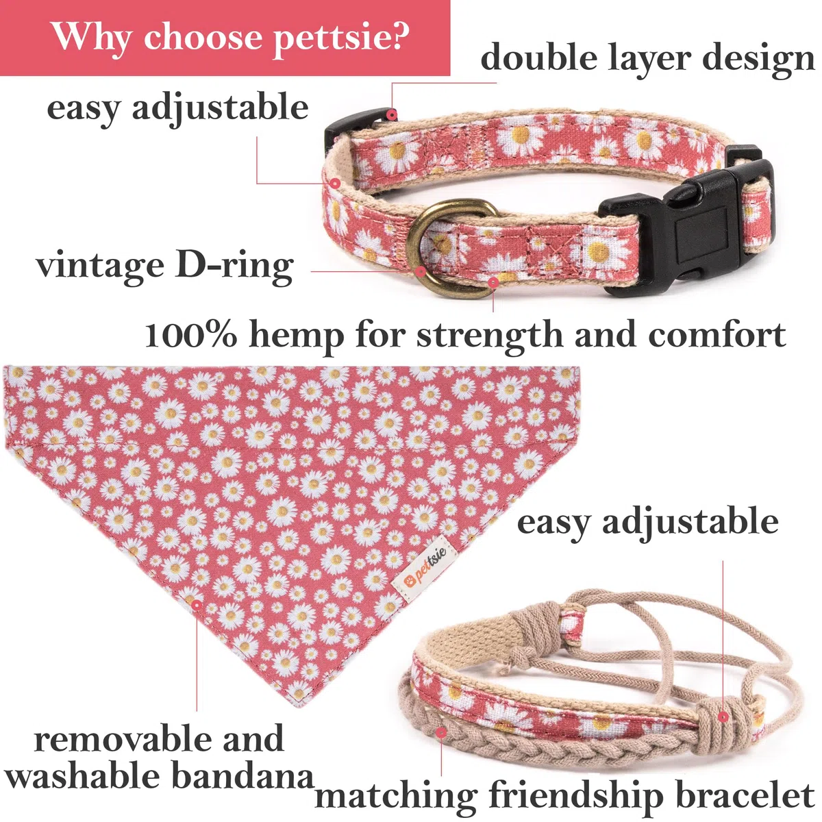 Pettsie collare per cani, bandana e braccialetto dell'amicizia, confezione regalo inclusa, canapa resistente, anello a D per un facile fissaggio del guinzaglio (S, rosa)