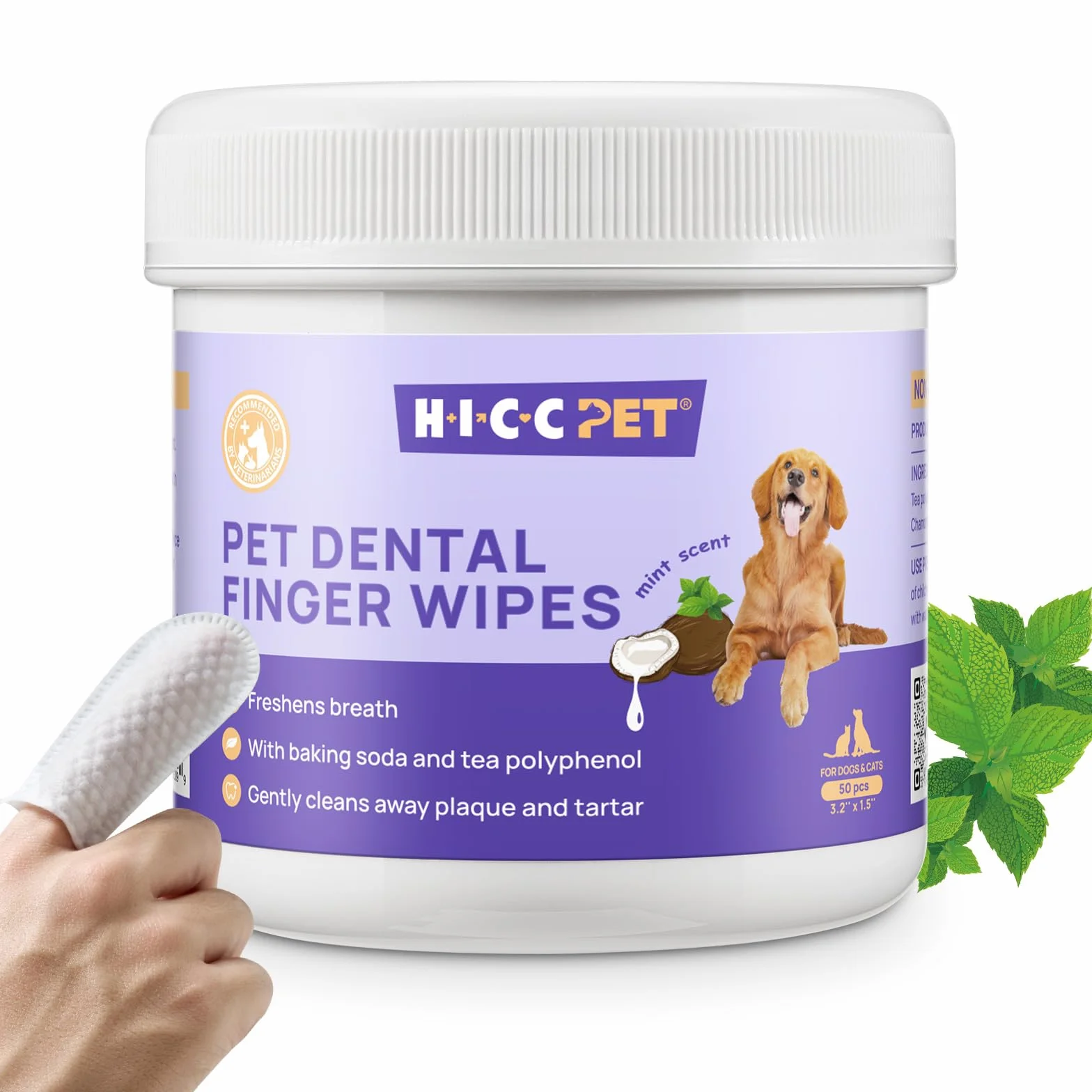 HICC PET Salviette dentali per cani e gatti, salviette per rimuovere placca e tartaro senza spazzolino, rinfresca l'alito, lenisce le gengive con olio di cocco, senza alcool e sicure da leccare