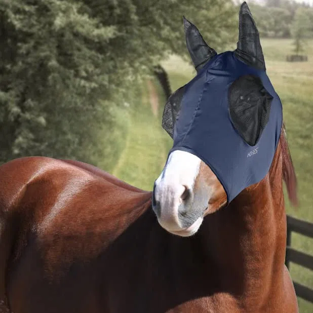 Maschera Horses In Lycra Con Rete Occhi BLU Cob, Leggera e Traspirante, non Ostacola il Campo Visivo del Cavallo, Protezione di Occhi e Orecchie