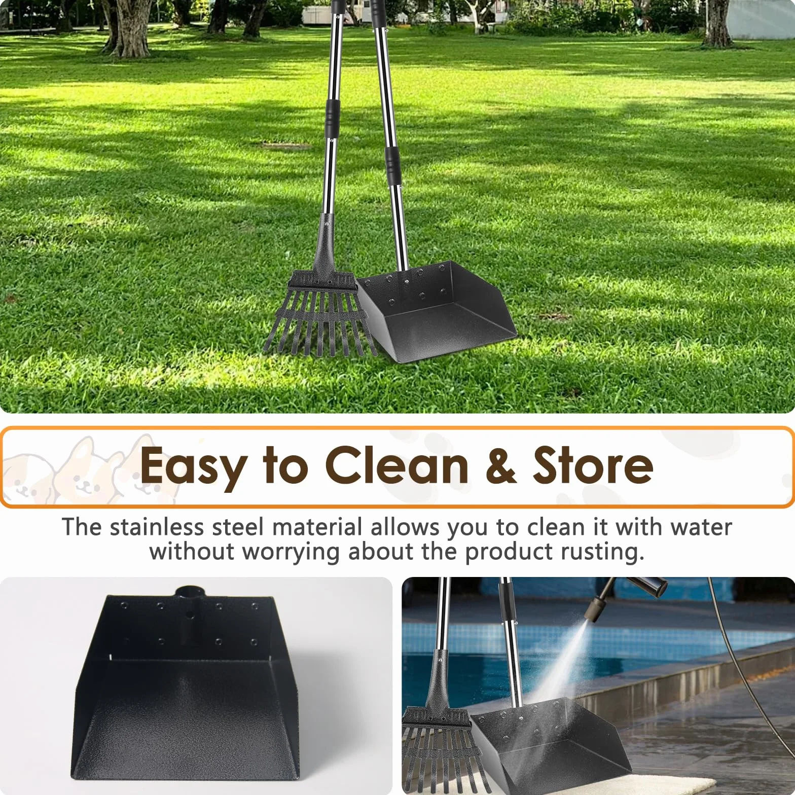 Pala per Escrementi Canini, Set di Pooper Scooper da Manico Lungo per Cani, Rastrello e Vassoio, Manico Regolabile con Rastrello per Escrementi di Animali su Erba, Terra o Ghiaia-2 Pezzi