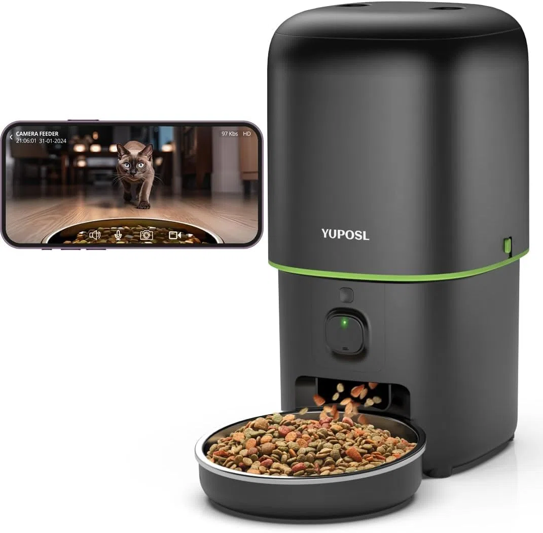 Yuposl Alimentatore automatico per gatti con telecamera - Distributore automatico di cibo per gatti con WiFi 5G, video HD 1080p con visione notturna, 1-15 pasti, 1-99 porzioni, audio