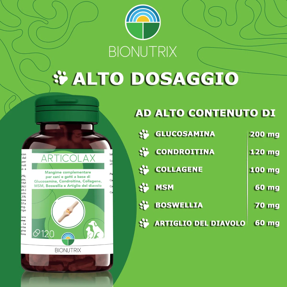 ARTICOLAX | Integratore Articolazioni Cane e Gatto | 120 CPR Appetibili | Alto Dosaggio | Antinfiammatorio | Glucosamina, Condroitina, Collagene, MSM, Boswellia e Artiglio del Diavolo | BioNutrix ®