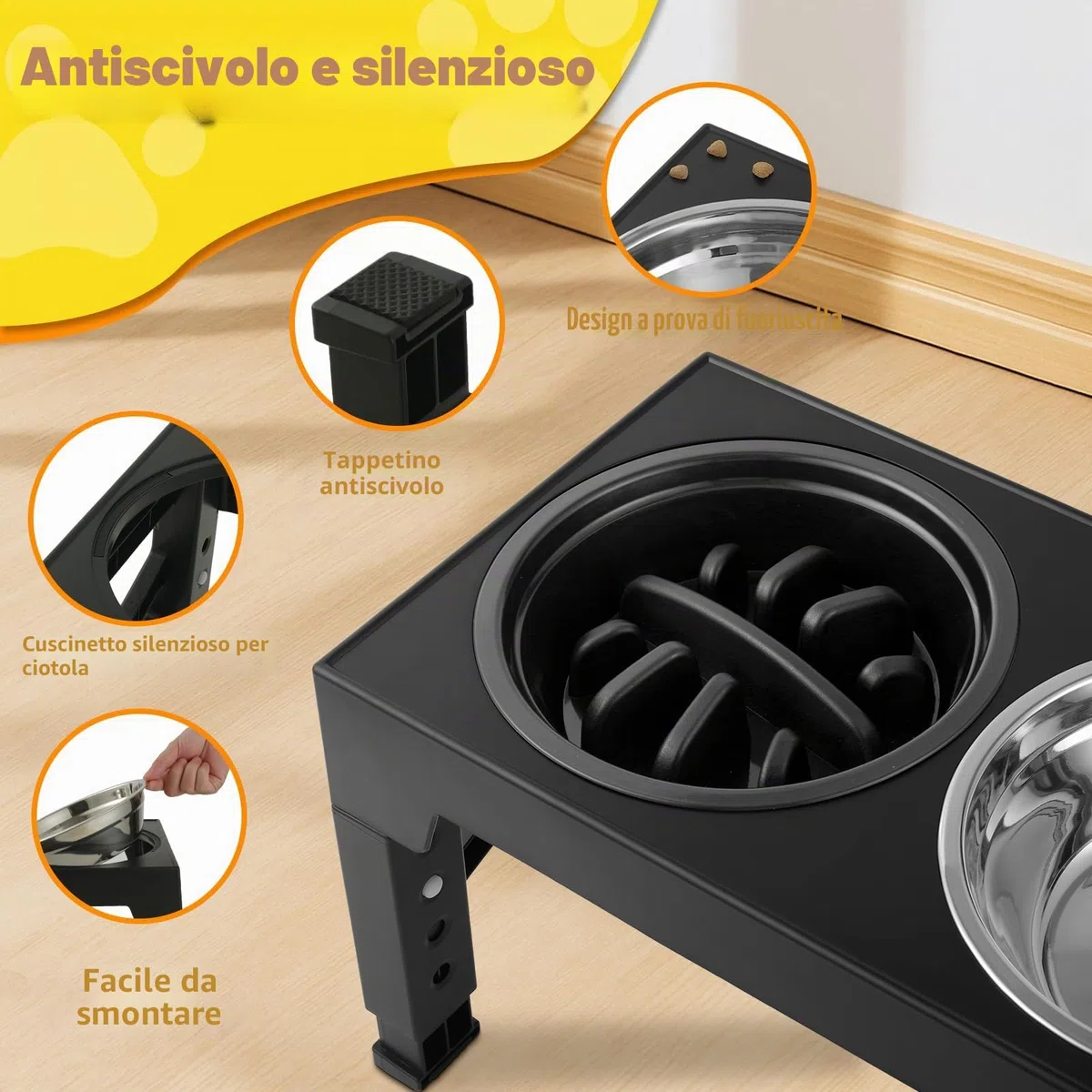 Ciotole per cani Rialzate Regolabili - 2 Ciotole in Acciaio Inox (1200ml) + 1 Ciotola anti-ingozzo (800ml) - Base antiscivolo per cani di taglia media/grande