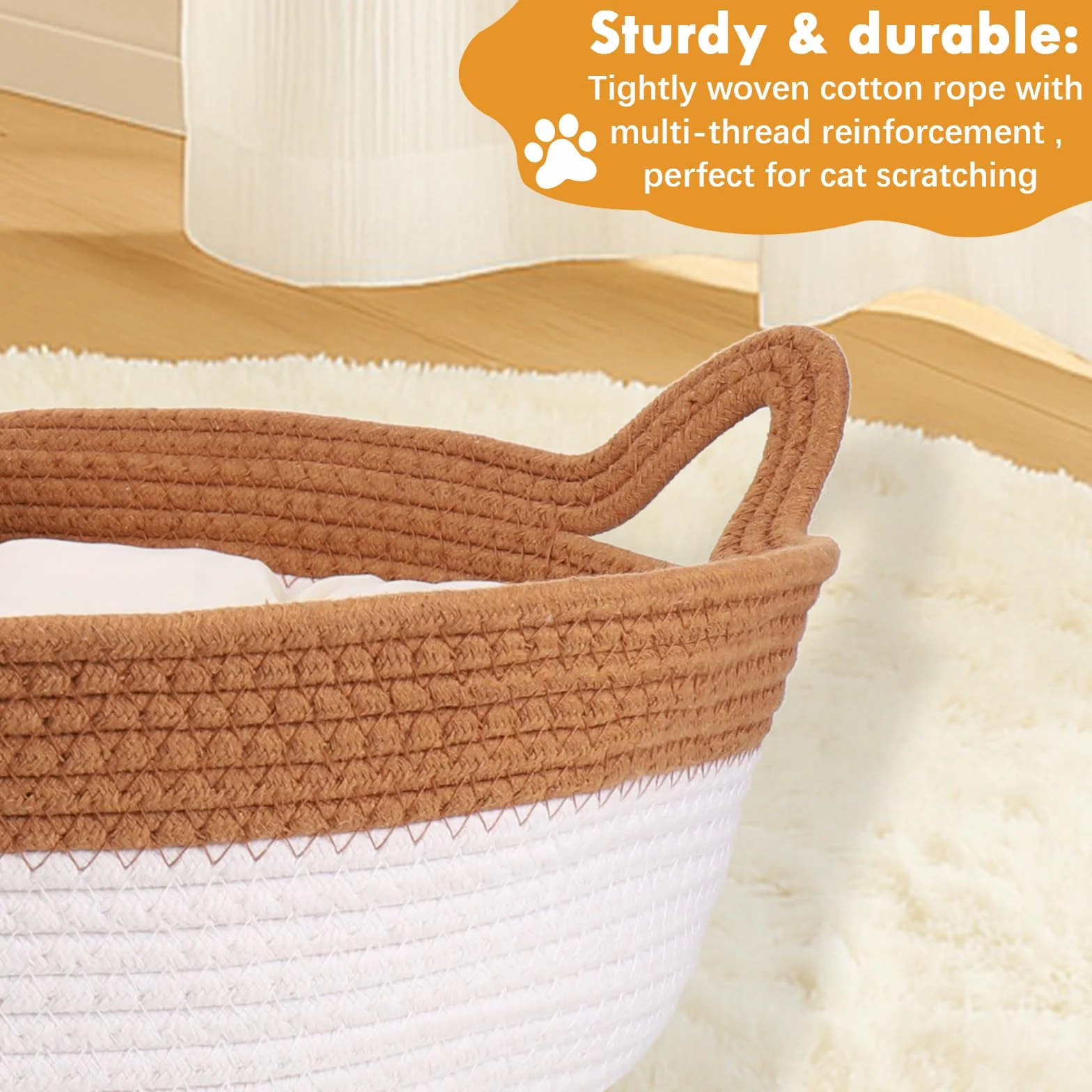 Zocipro Letto per Gatti in Corda di Cotone con Cuscino, 46x46x16 cm Grande Cuccia Rotonda Lavabile con Pallina Giocattolo in Corda di Cotone