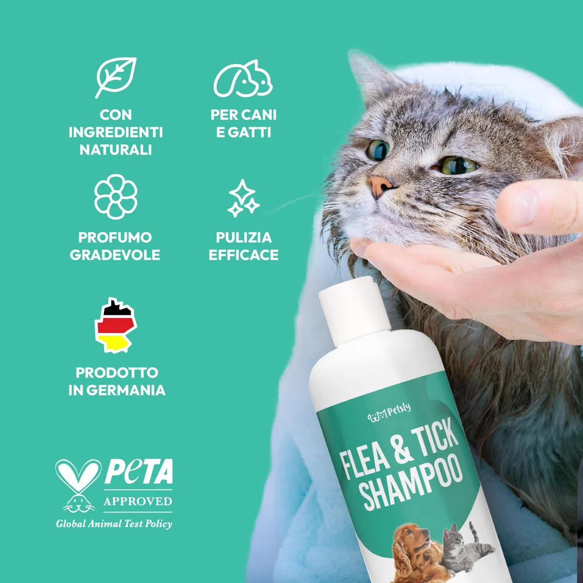 Petsly® Shampoo Antipulci per Cani e Gatti –500 ml– Elimina Pulci e Zecche - pH Bilanciato per Pelli Sensibili, Deterge e Protegge – Formula Delicata con Aloe Vera e Camomilla – Adatto a Cuccioli