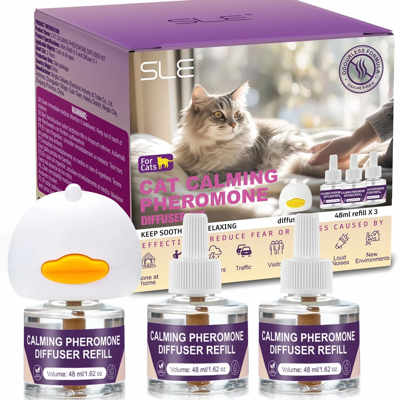 SLE Diffusore Feromoni per Gatti, 1 Diffusore + 3x48ml Ricariche Calmante per Antistress Ridurre l'Ansia e Lo Stress, Feromoni Felini Tranquillanti per Gatti Irrequieti e Stressati (3)