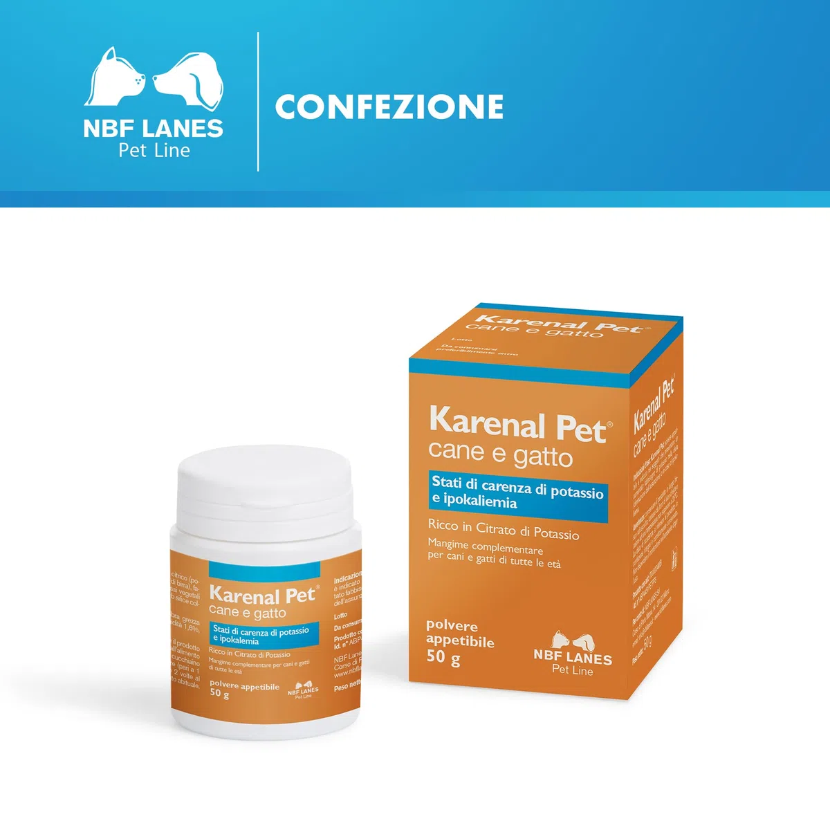 NBF Lanes | Karenal Pet Cane e Gatto, Polvere Appetibile 50 g, per gli Stati di Carenza di Potassio e Ipokaliemia