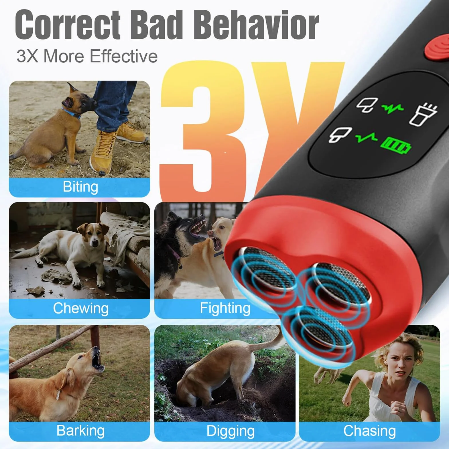 Dispositivo anti-abbaio per cani, deterrente per l'abbaio ad ultrasuoni, portata 10,7 m, dispositivo di controllo dell'abbaio ricaricabile con display HD e torcia a LED, sicuro per cani di