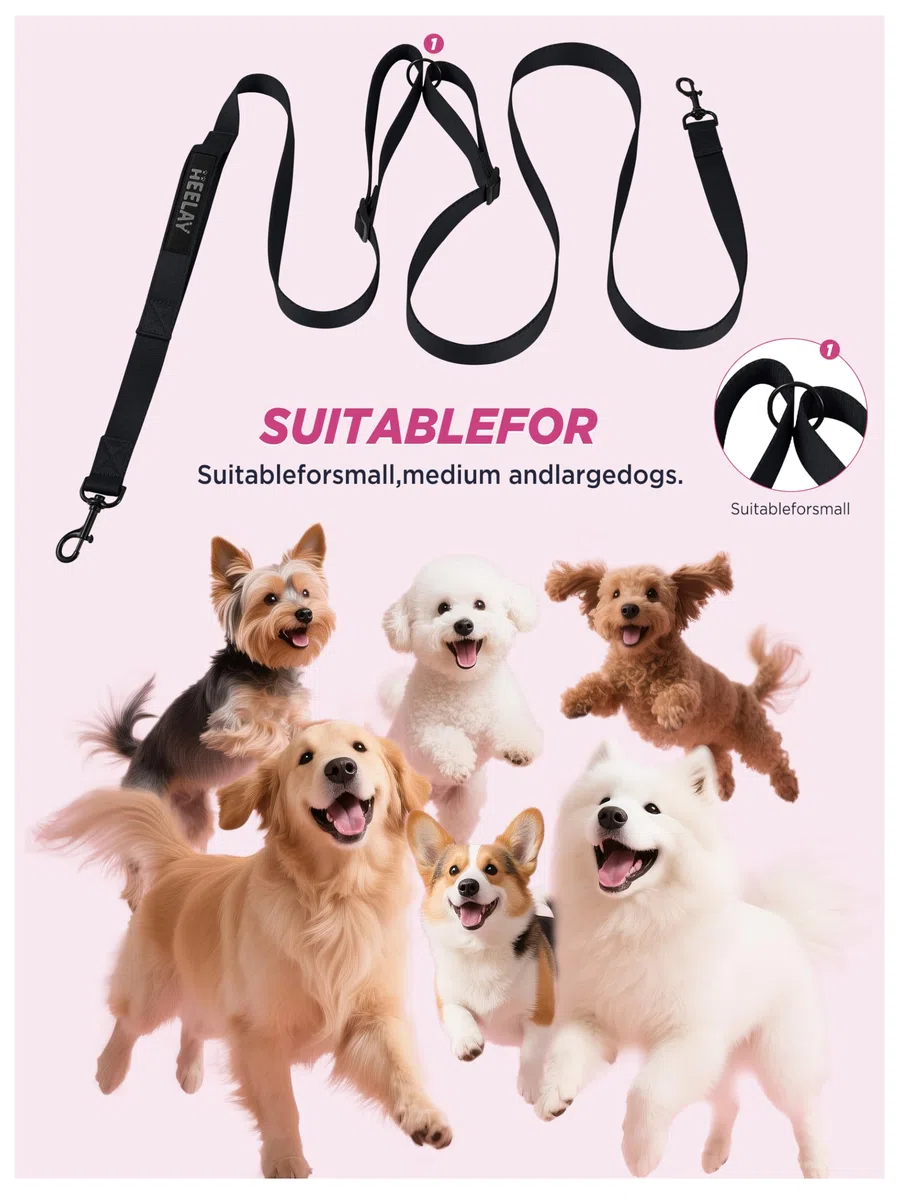 Guinzaglio per cani Hands-Free per tutte le taglie - 2,0-3,9 m, con doppia fibbia regolabile e maniglia imbottita per 1 o 2 cani di taglia media/grande, 8-50 kg, nero