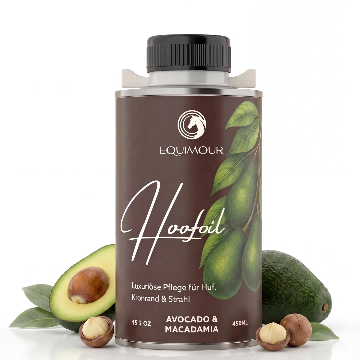 Olio di zoccolo con pennello per cavalli – Avocado & Macadamia – Cura degli zoccoli con vitamina E – per zoccolo, bordo della corona & fascio – lucentezza naturale & aspetto curato – 450 ml