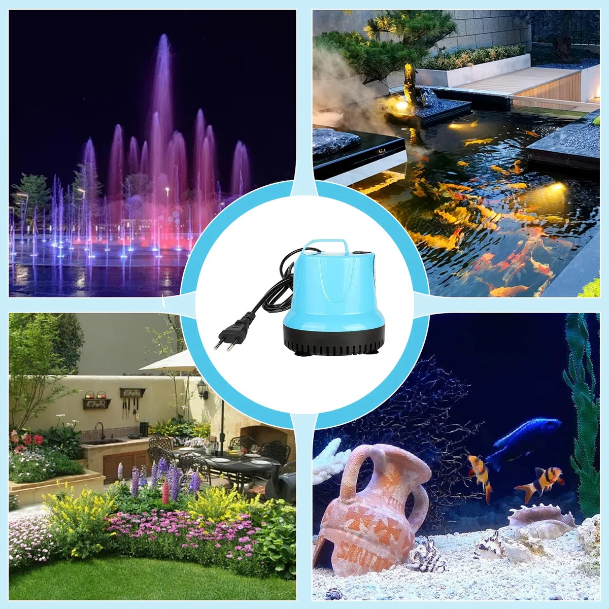 Mini pompa sommergibile da 35 W, 2000 l/h, piccola, ultra silenziosa, per acquario, con 3 ugelli e tubo da 1,5 m da 12 mm, pompa per fontana per laghetti, acquari, giardini, fontane (blu)