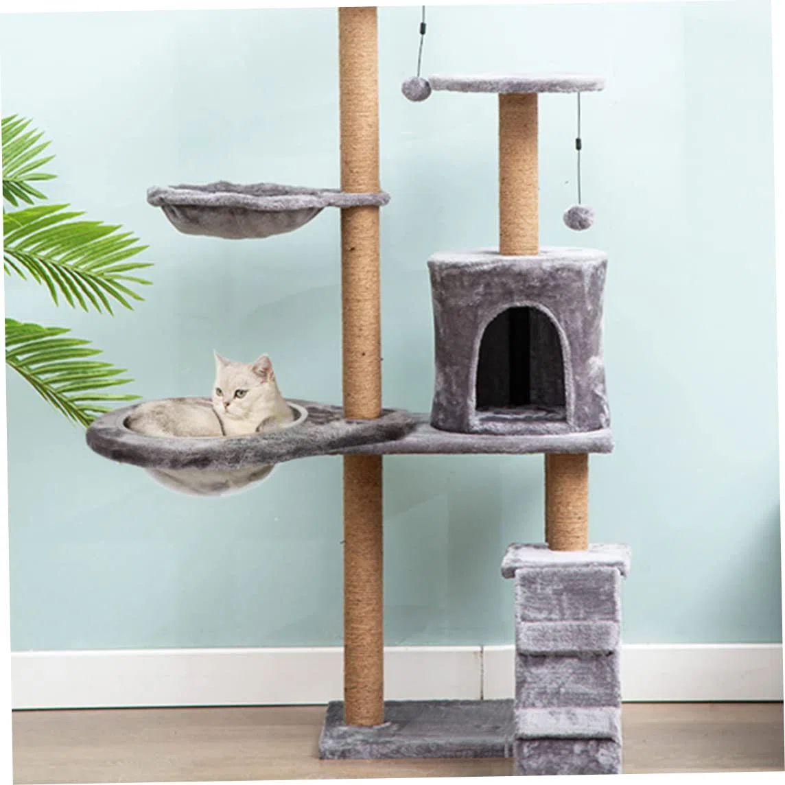 Amazza dell'albero del gatto, grigio per la torre di gatto cesta di sostituzione del cestino del lettino per gomma, giocattoli da pom-pom appeso con amaca per tutti i gatti