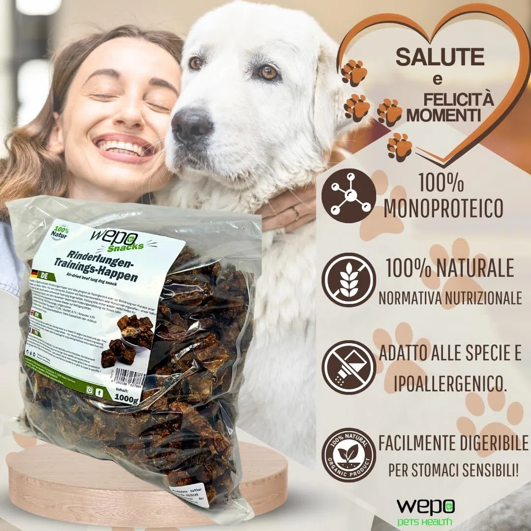 WEPO Deliziosi per cani – 1 kg di polmoni bovini secchi – snack sani per cani – Dog Treats – snack da masticare – Sano & Made in DE – Fornisce proteine, vitamine e minerali