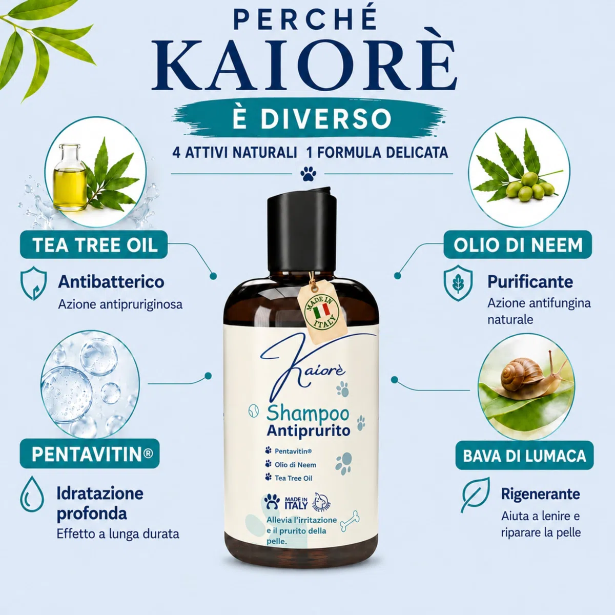 Kaiorè Shampoo Antiprurito per Cani, Adatto per dermatite, Sollievo Cute Sensibile e Irritata, con Olio di Neem, Tea Tree Oil e Pentavitin®, 250 ml