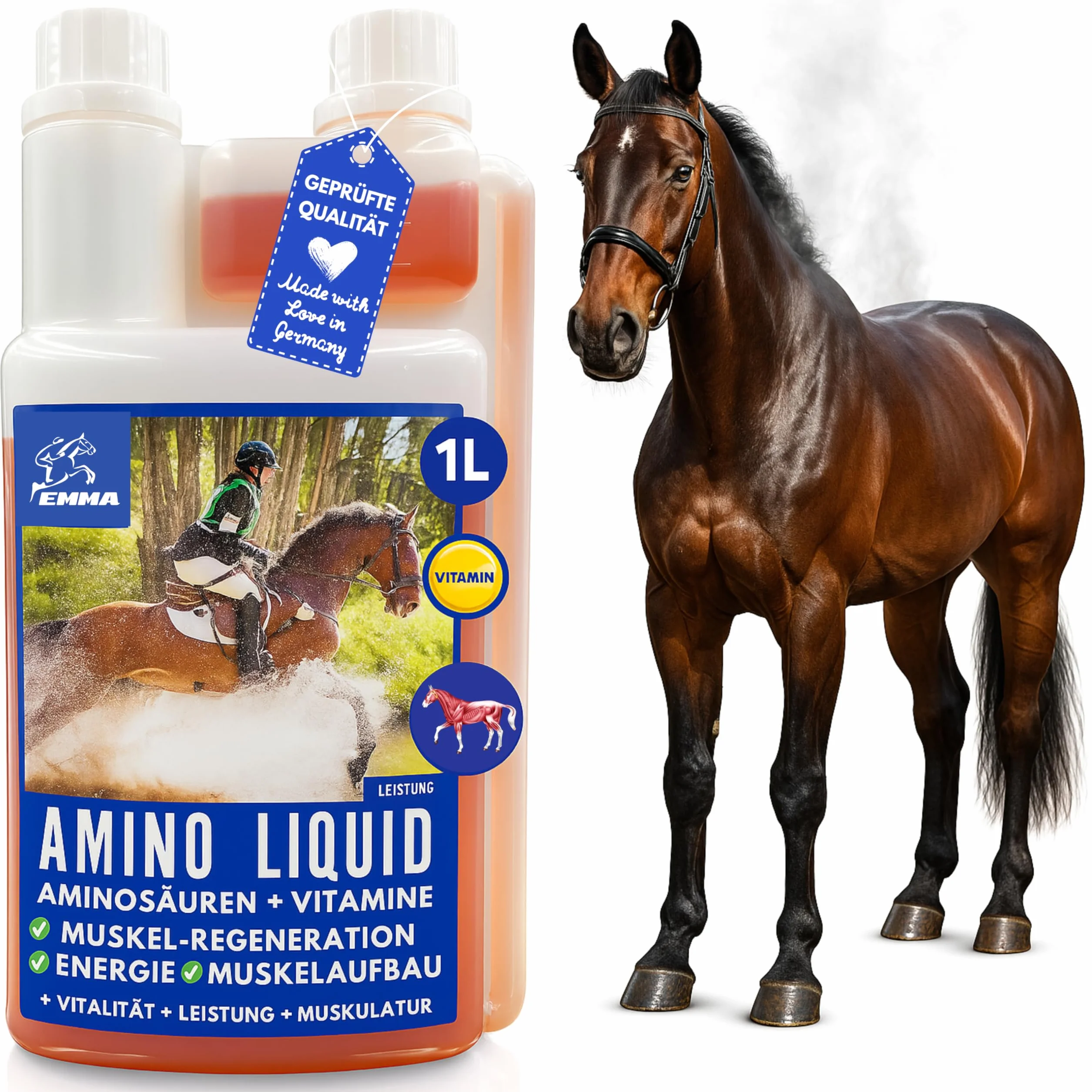 Amino Liquid I Aminoacidi Complesso vitaminico B I Mangime complementare Vitamina B12 I Zinco cavallo I Costruzione dei muscoli cavallo Rafforzamento dei muscoli I Rigenerazione muscoli per cavalli 1L