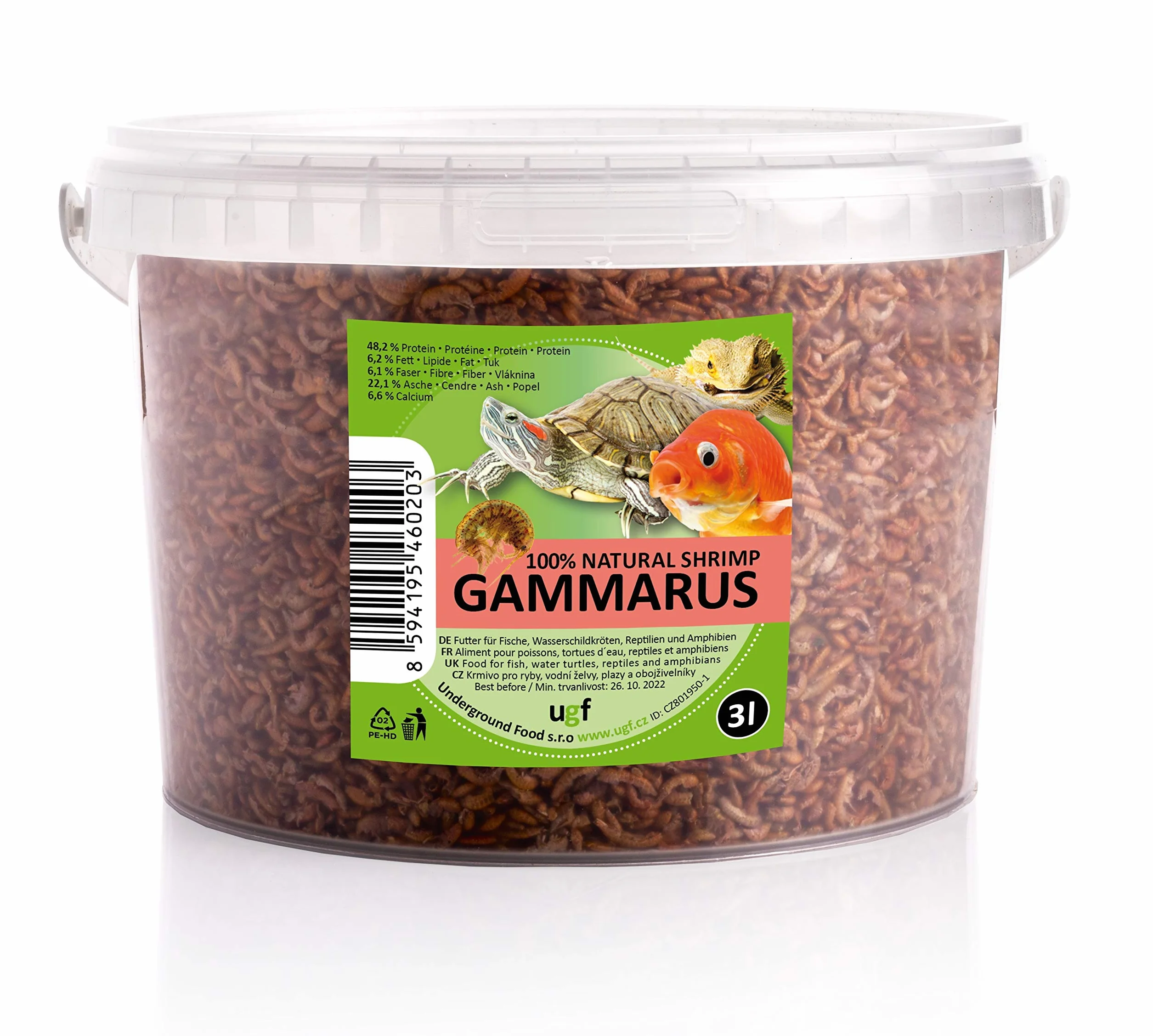 UGF - Gamberetti d'acqua dolce essiccati Premium Gammarus - 318 g in un secchio da 3 litri, cibo per tartarughe, cibo per pesci d'acquario, axolotl, criceti, ricci, koi, ratti