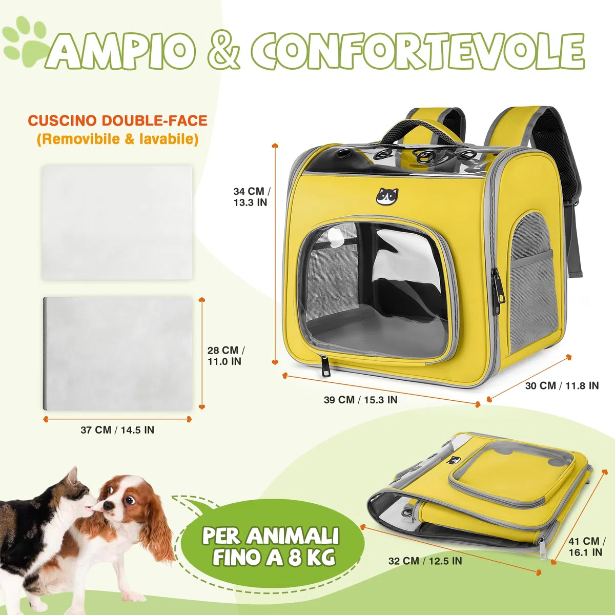 ALLSOPETS Zaino per Cani e Gatti Pieghevole con Finestra Traspirante e Gancio di Sicurezza, Zaino Porta Cane con Apertura Frontale per Viaggio Escursioni Passeggiate (Giallo Limone)