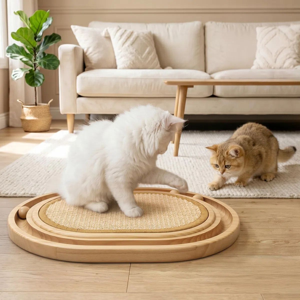 Gimars Tiragraffi Ovale per Gatti in Sisal Naturale, Gioco Interattivo 3-in-1 con Pista in Legno e Palline Ruotanti, Cuccia Letto e Tappetino Antiscivolo per l'Intrattenimento dei Gatti in Casa