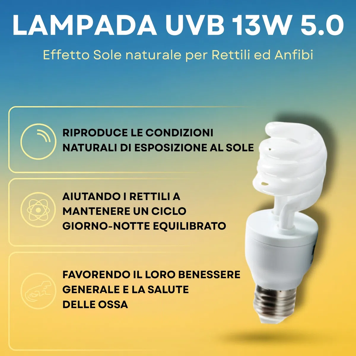 Lampada UVB rettili 13 W 5.0 + Portalampada Con Pinza e Interruttore kit Completo Per Tartarughe da terra e Piccoli Animali Lucertole Iguana Camaleonti Pogone Varani ecc..Pet Tribe