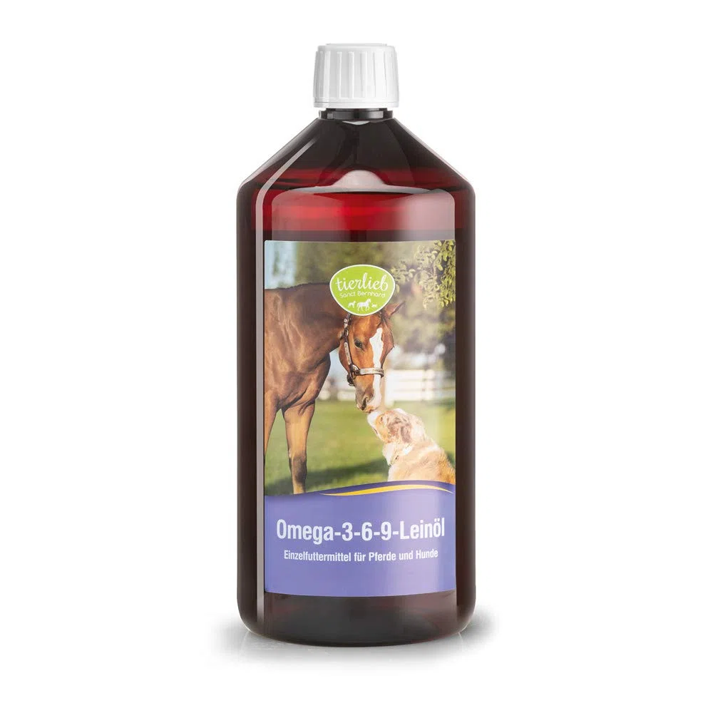 tierlieb Omega 3-6-9 Olio di lino per cavalli e cani, ricco di acidi grassi essenziali insaturi, con vitamina E naturale, 1 litro