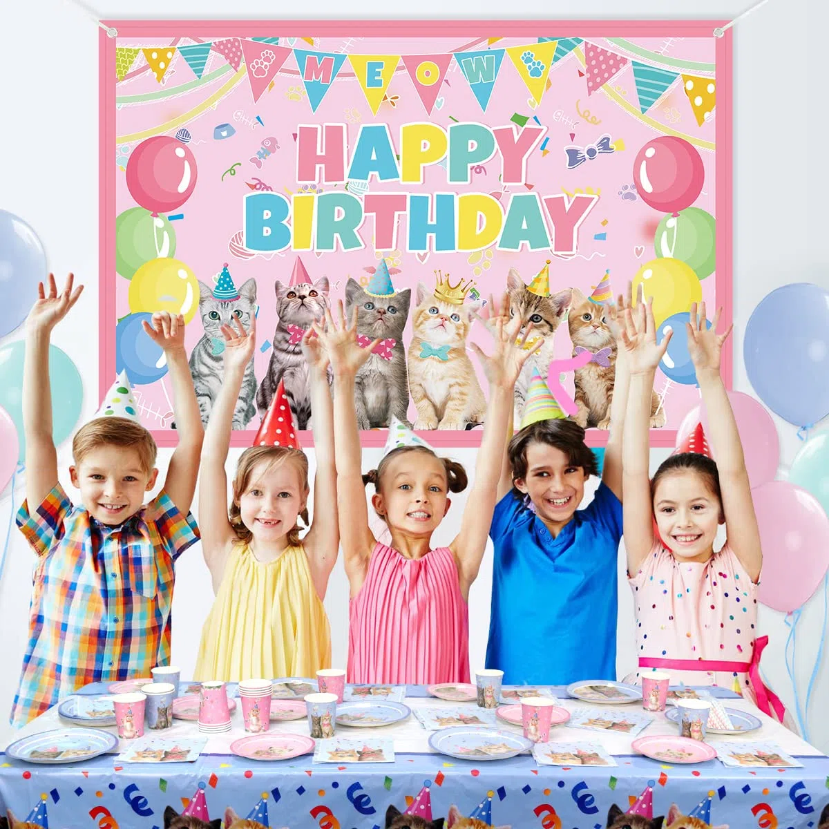 Set di forniture per decorazioni per feste di gatti, stoviglie per gatti con sfondo di buon compleanno per gatti Macaron Palloncini Piatti da dessert Piatti da dessert Tovaglioli- Serve 20