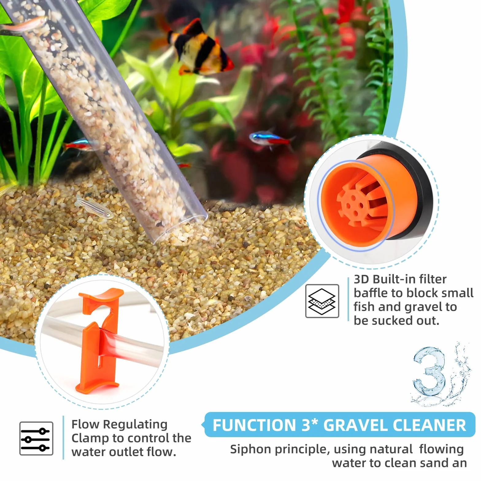 hygger Pulizia Acquario Ghiaia, Aspirapolvere per Acquario Kit di Pulizia per Cambio Acqua con Rete Spazzola,Sabbia Pulitore Acquario Sifone Aspirapolvere con Morsetto Regolatore Tubo Acqua