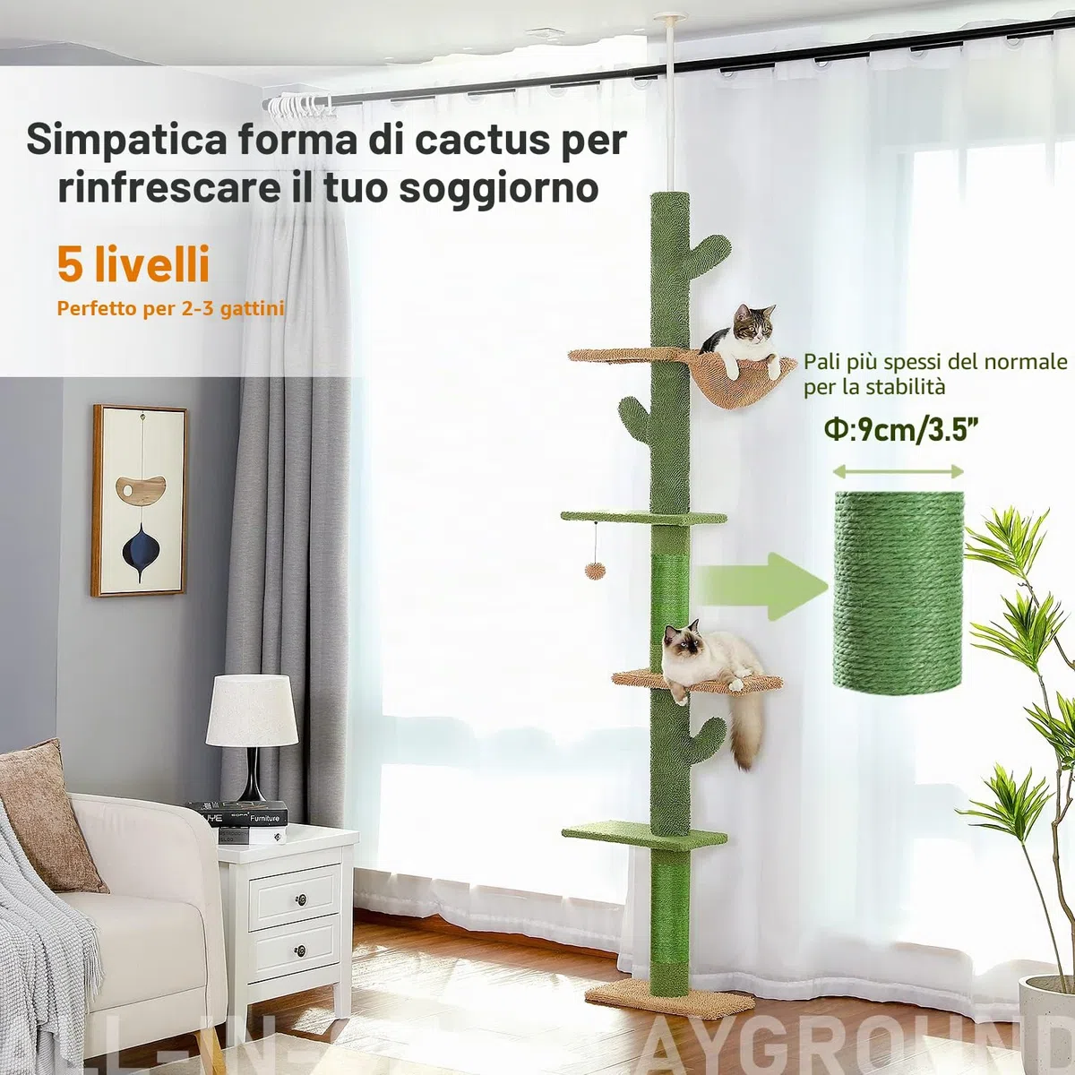 PAWZ - Tiragraffi a forma di catus, da terra fino al soffitto, tiragraffi a torre per gatti con altezza regolabile (229-275 cm), 5 ripiani, con comoda amaca, ripiani e palline penzolanti