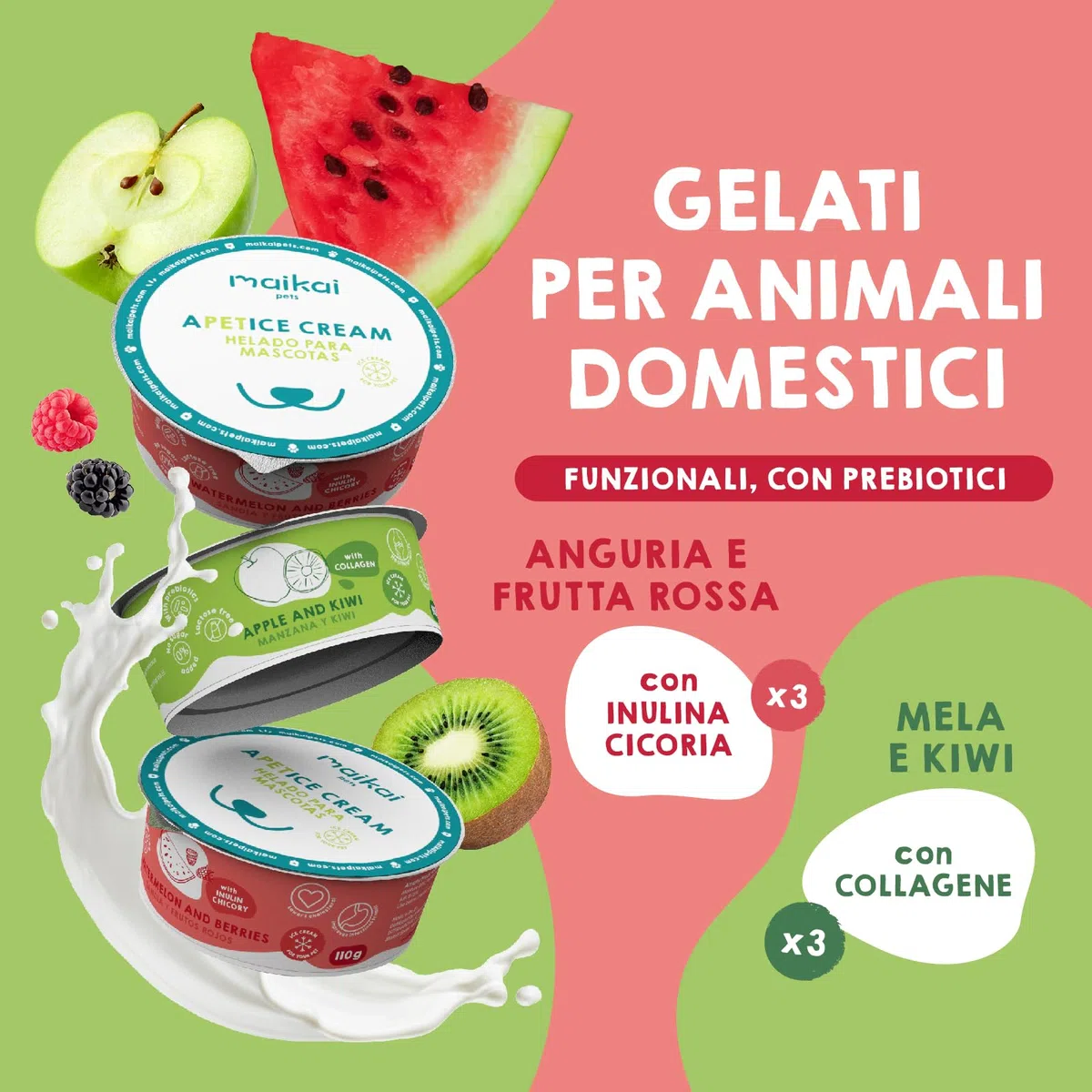 MAIKAI Confezione da 6 Gelati per Cani e Gatti – Snack Rinfrescante con Collagene e Inulina – Senza Lattosio, Idratante, Funzionale – Condroprotettore e Prebiotico Naturale per l’Estate