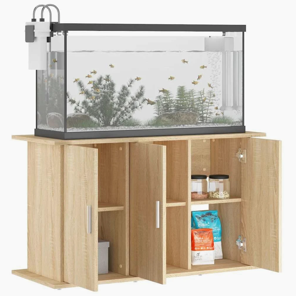 Supporto per acquario, in legno di quercia Sonoma, 101 x 41 x 58 cm, con 6 scomparti, stabile mobiletto inferiore per accessori, mangime, filtro, salvaspazio, per soggiorno, ufficio, camera da