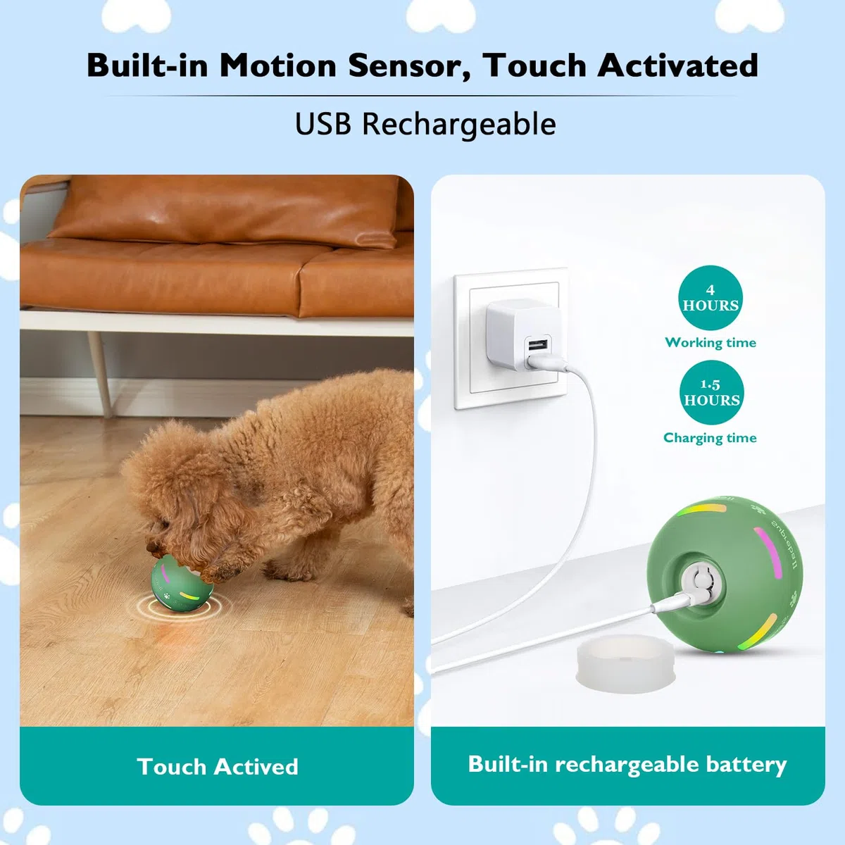 Petiepaw Giocattoli interattivi per cani, palla rotante automatica resistente per cuccioli/cani piccoli/medi, ricaricabili USB (verde)