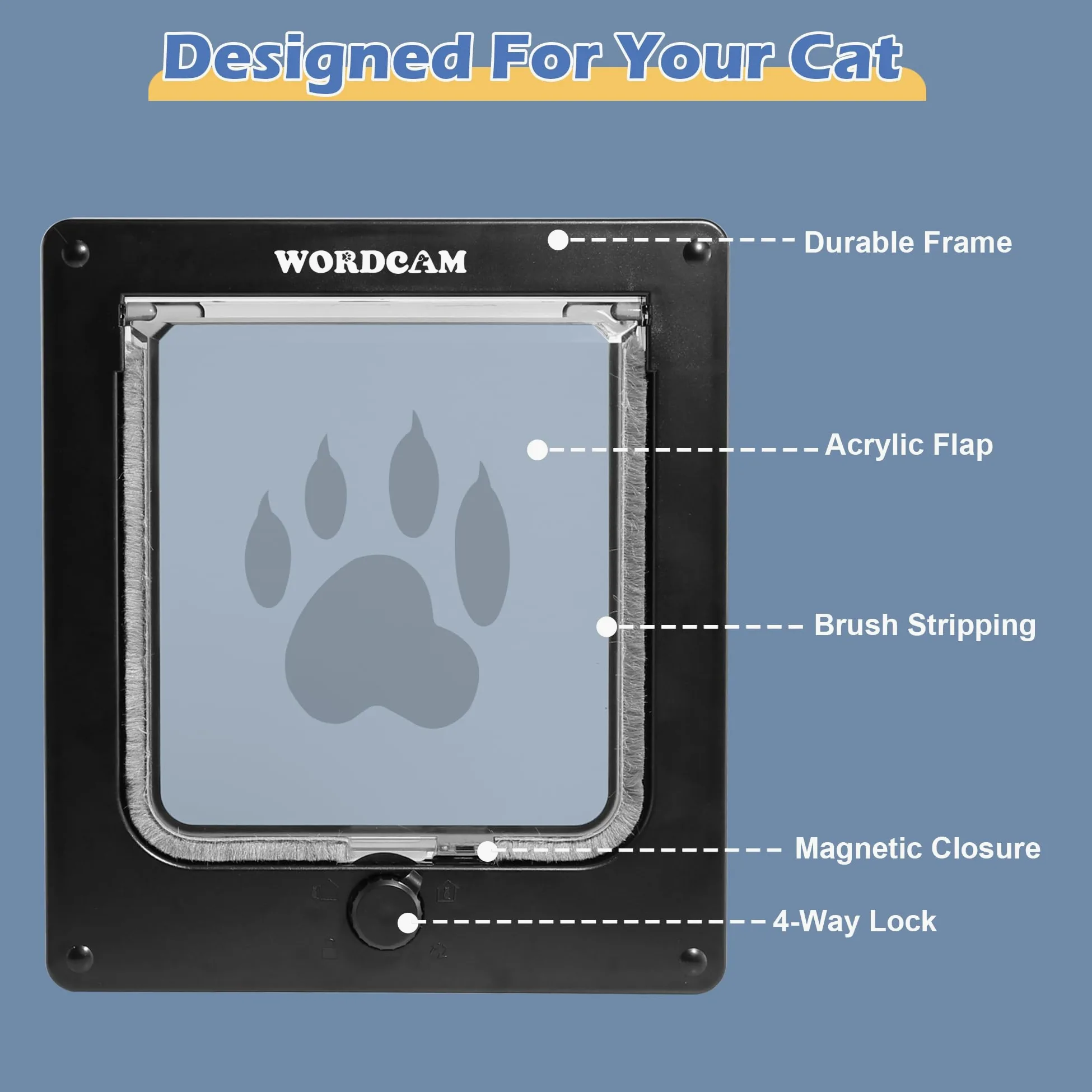 Wordcam Porta per gatti media, 4 vie, per interni ed esterni, per gatti, gattini, cagnolini, robusta, resistente alle intemperie (nero, M)