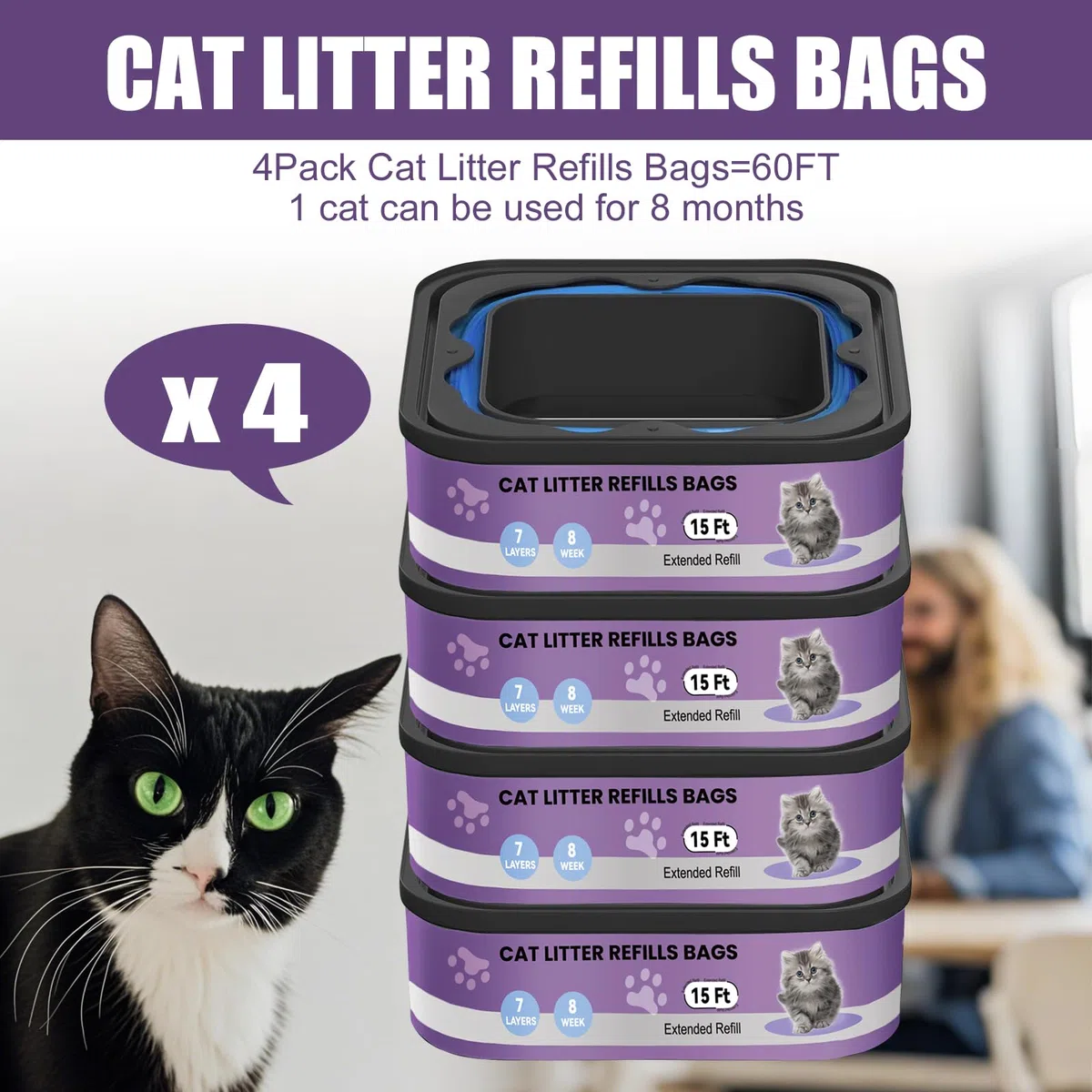 compatibili con i modelli Litter Genie Standard,Plus,XL e Style Box Refills,Controllo dell'odore super potente，Ricarica per Gatti，4,5 m per confezione, 4 ricariche